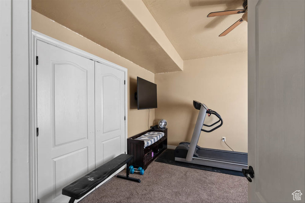 Exercise area featuring carpet floors and a ceiling fan