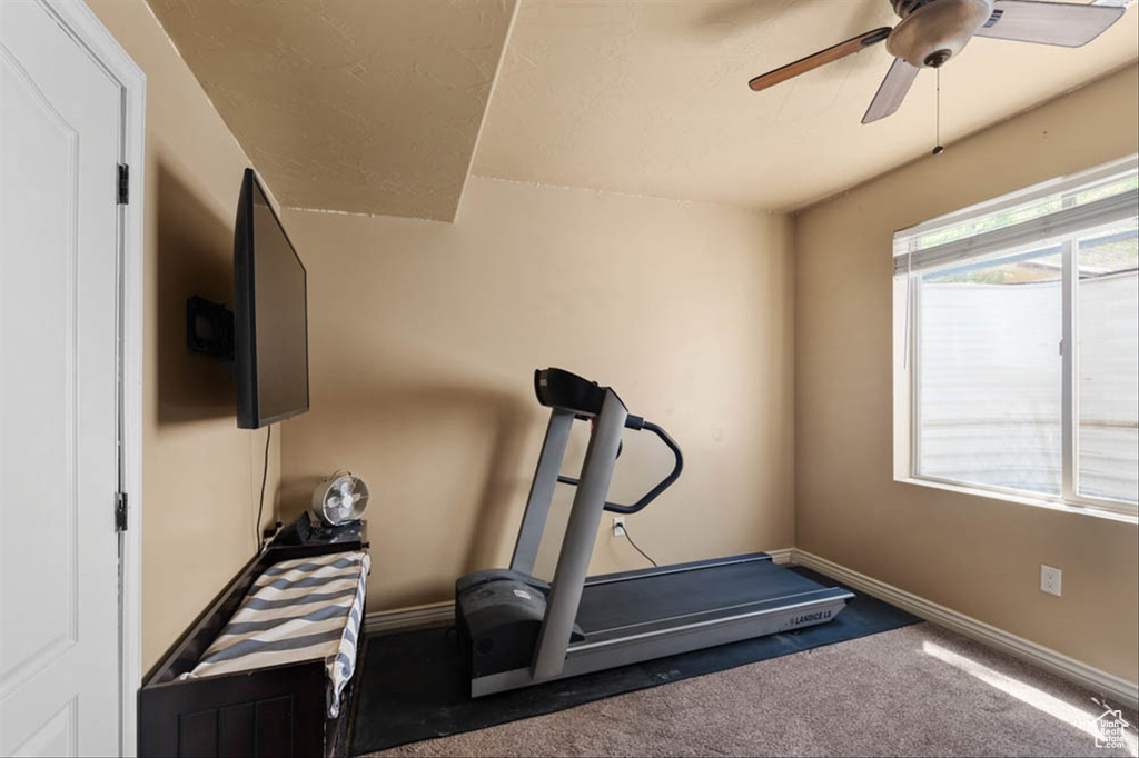 Workout area featuring a ceiling fan and carpet flooring