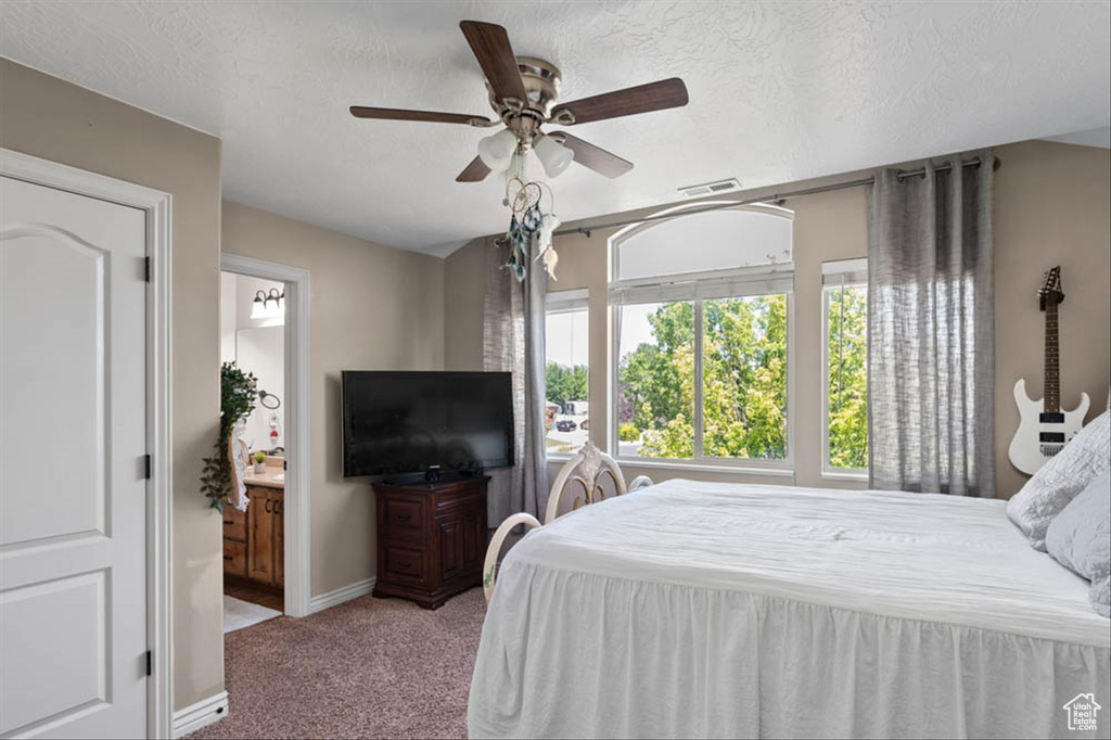 Carpeted bedroom featuring multiple windows, a textured ceiling, ensuite bathroom, and ceiling fan