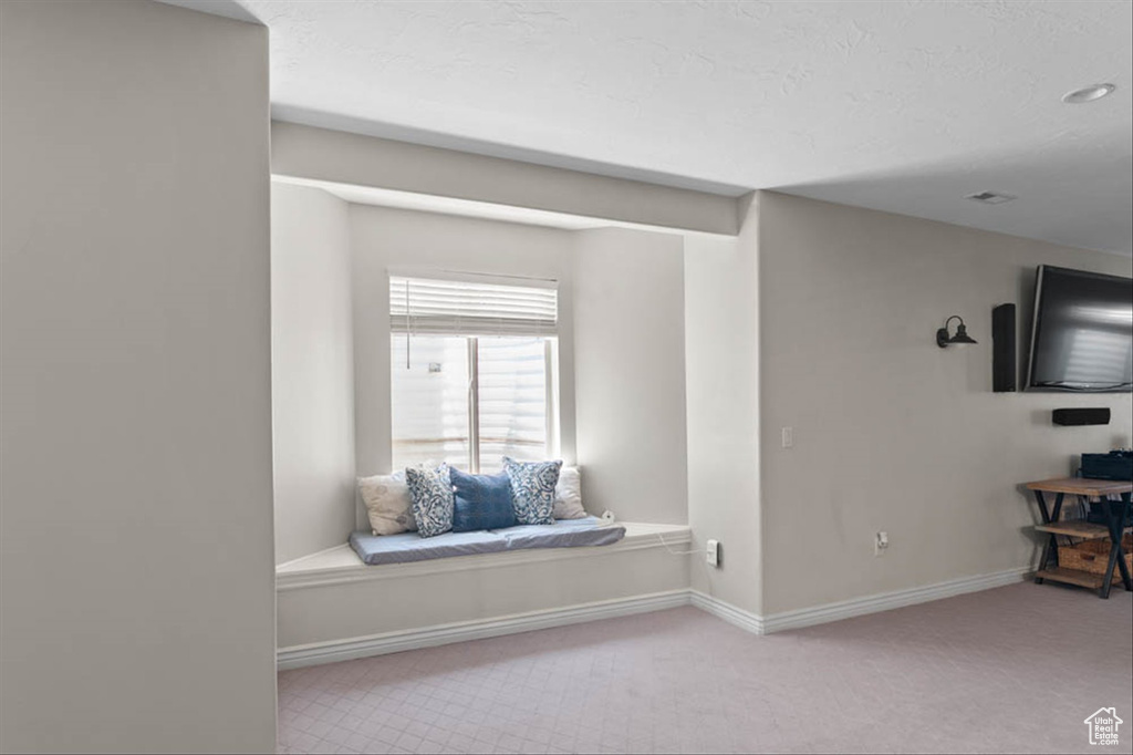 Sitting room with carpet flooring and a textured ceiling