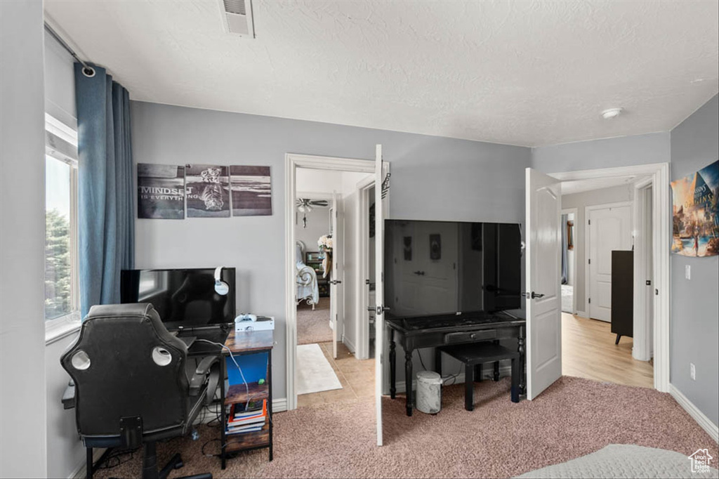 Office space featuring light carpet and a textured ceiling