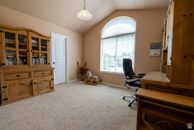 Office with lofted ceiling and carpet floors