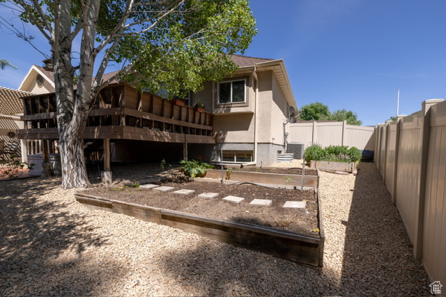Back of property with a fenced backyard, a wooden deck, stucco siding, and a vegetable garden