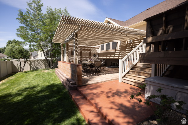 Fenced backyard with a pergola and a patio