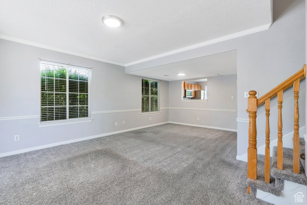 Unfurnished living room featuring crown molding, carpet flooring, stairs, and a textured ceiling