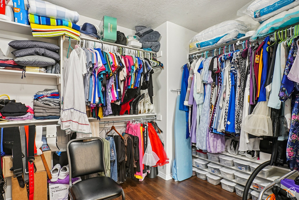 Walk in closet with wood finished floors