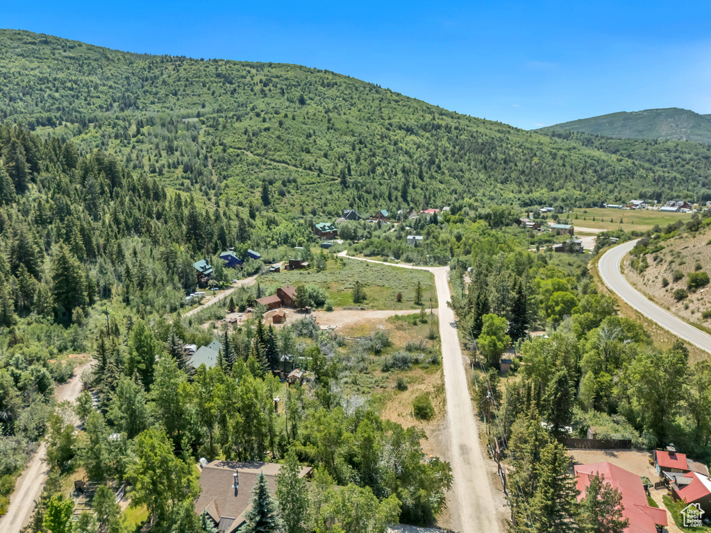 Aerial view of property\'s location with a forest and a mountain backdrop