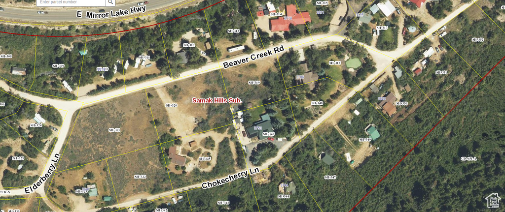 Aerial view of property's location with property parcel outlined