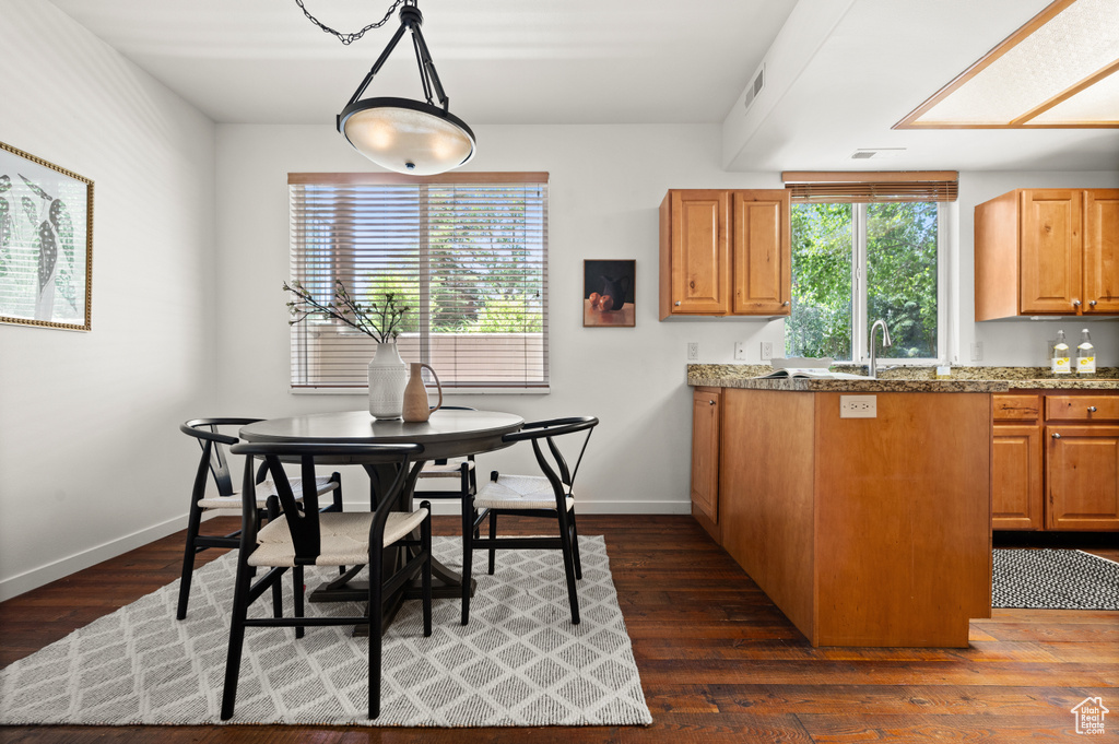 Kitchen with dark wood-style flooring, plenty of natural light, decorative light fixtures, and brown cabinetry