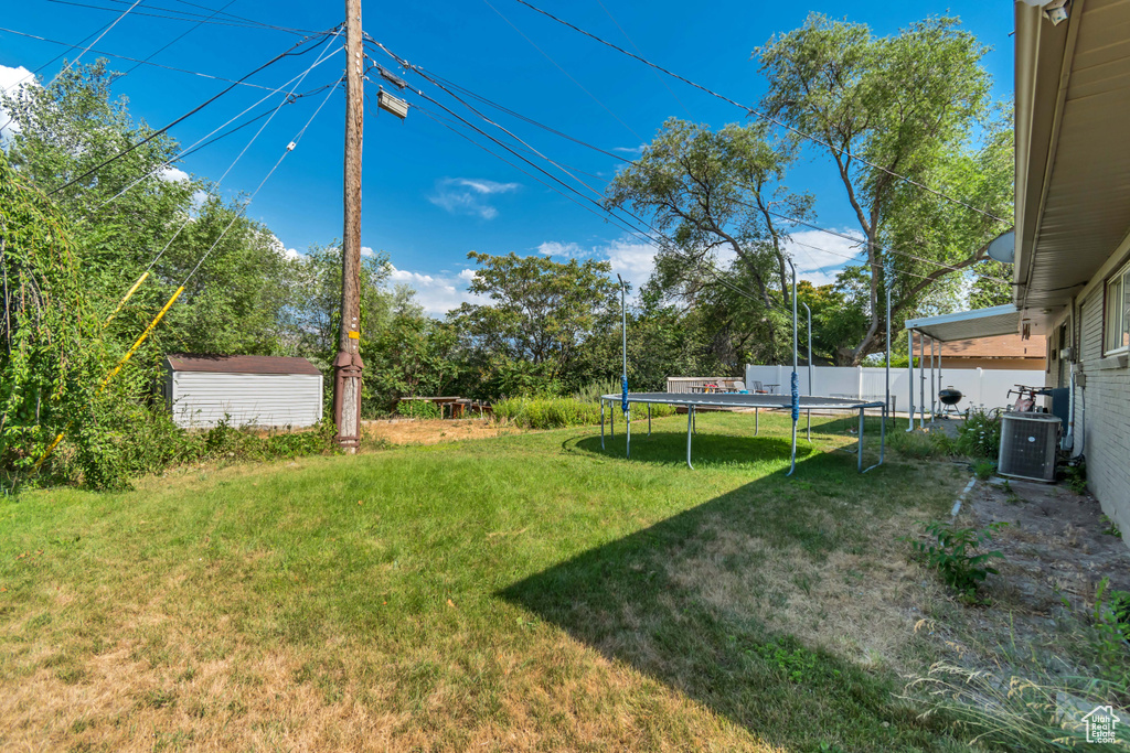View of yard featuring a trampoline and a shed