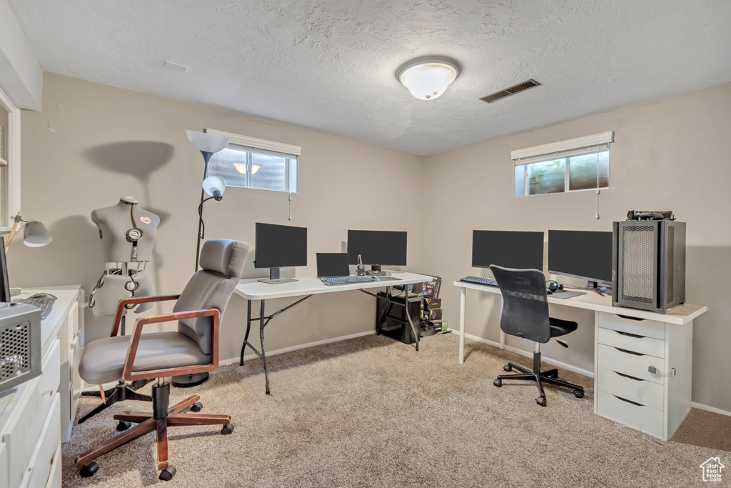 Office space with carpet floors and a textured ceiling