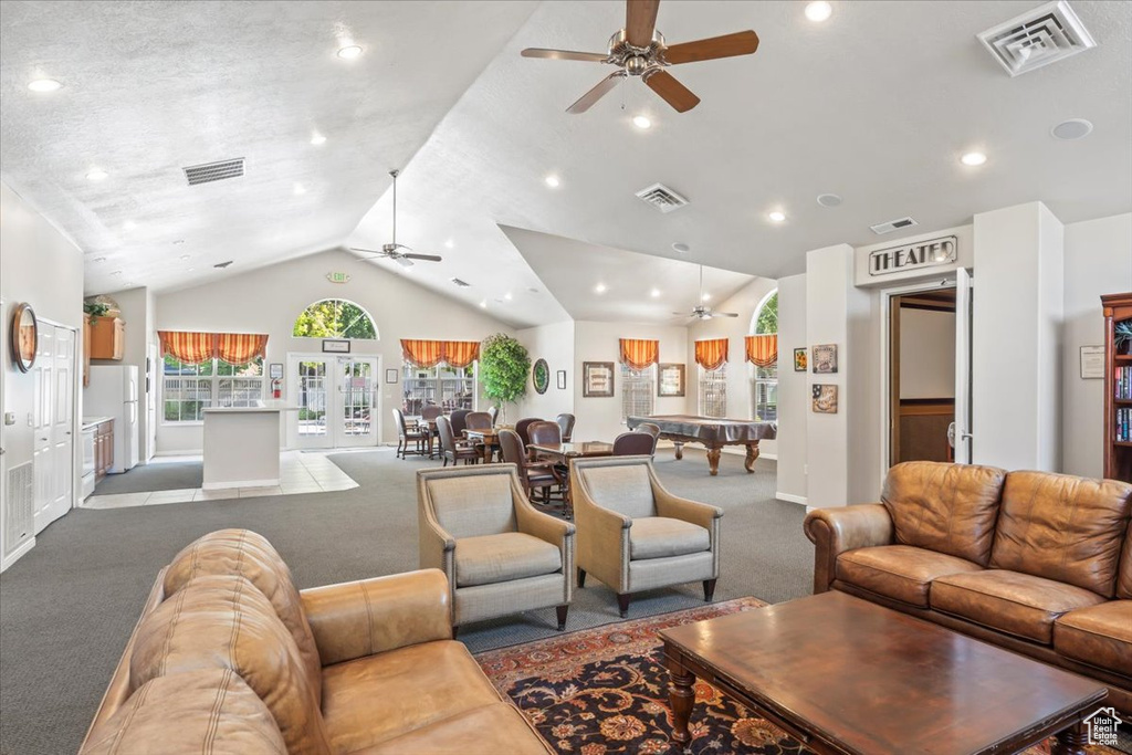 Carpeted living area featuring a ceiling fan, lofted ceiling, pool table, and recessed lighting