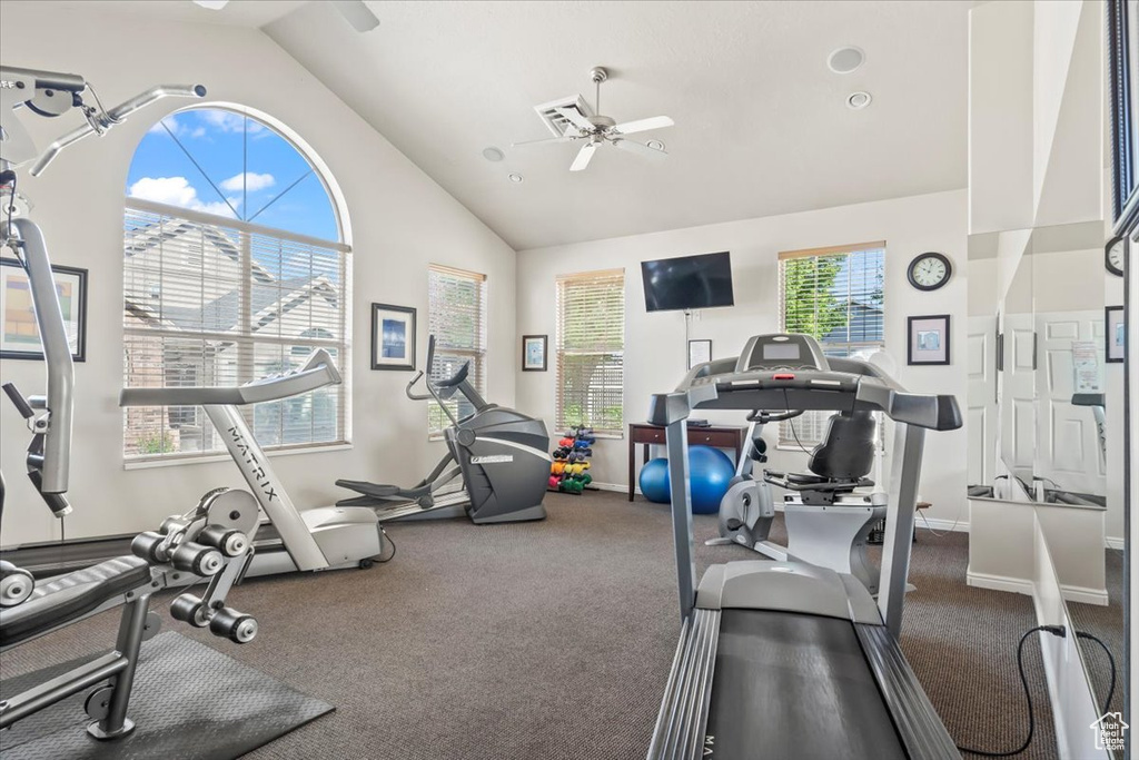 Exercise area with vaulted ceiling, ceiling fan, and carpet flooring