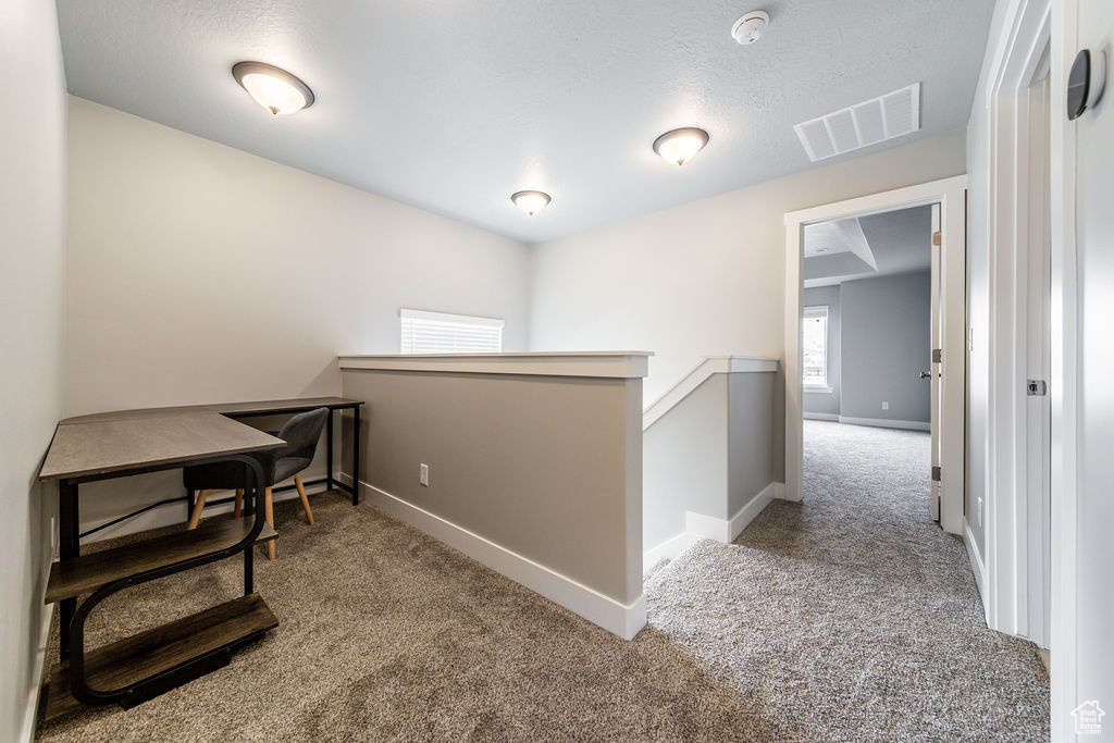 Hall featuring carpet, plenty of natural light, and an upstairs landing