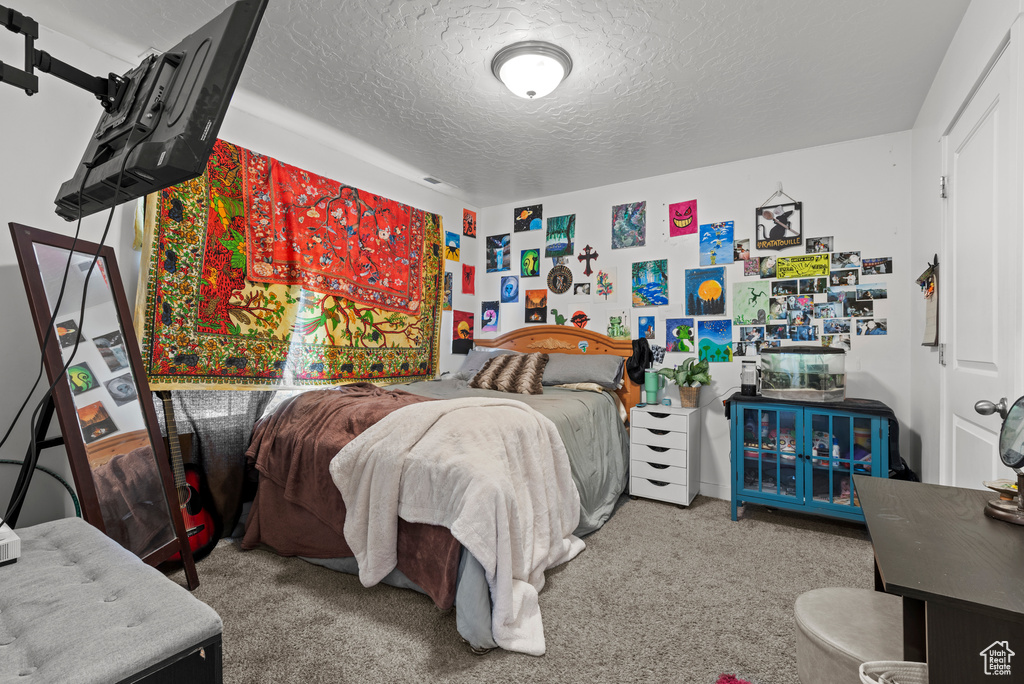 Bedroom with carpet flooring and a textured ceiling