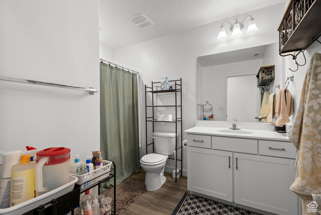Full bath with vanity, wood finished floors, and a shower with shower curtain