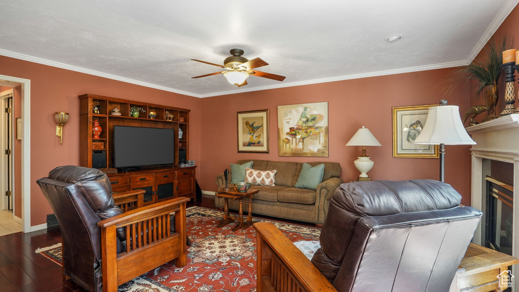 Living room with ceiling fan, wood finished floors, crown molding, and a glass covered fireplace