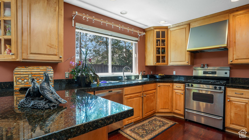 Kitchen with stainless steel appliances, wall chimney exhaust hood, dark wood finished floors, glass insert cabinets, and recessed lighting