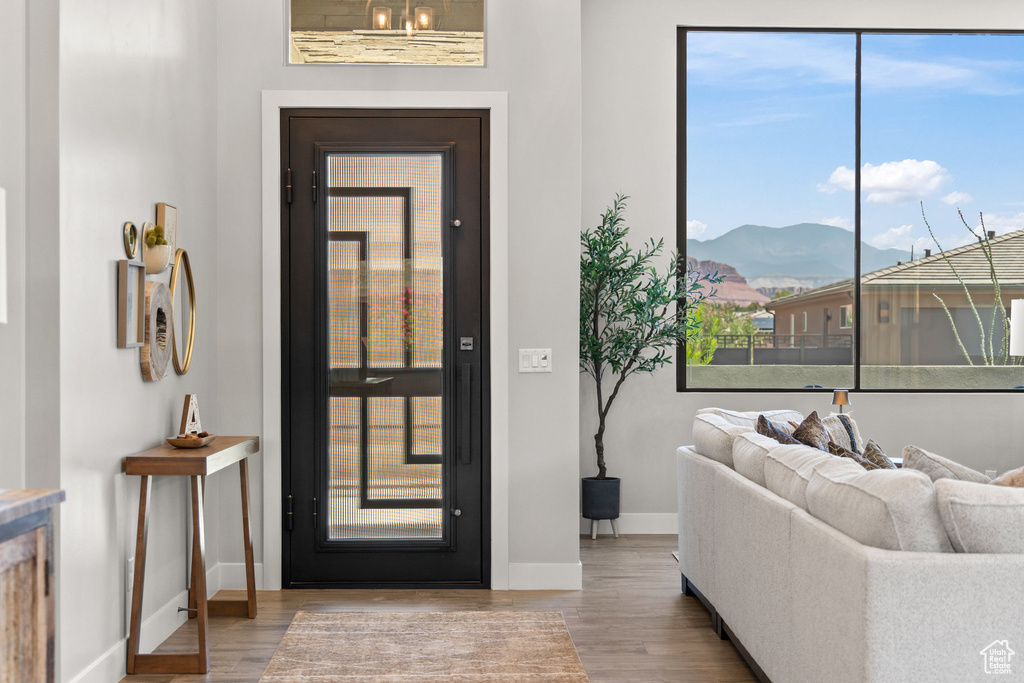 Entrance foyer with a mountain view, wood finished floors, and healthy amount of natural light