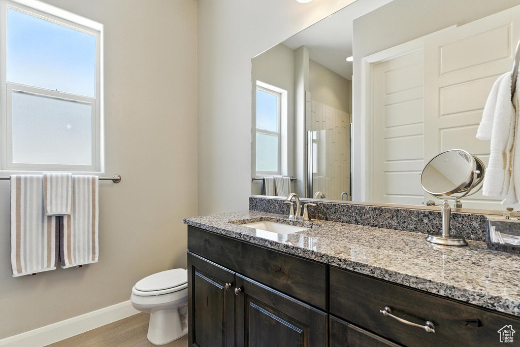Bathroom with vanity, wood finished floors, and a shower