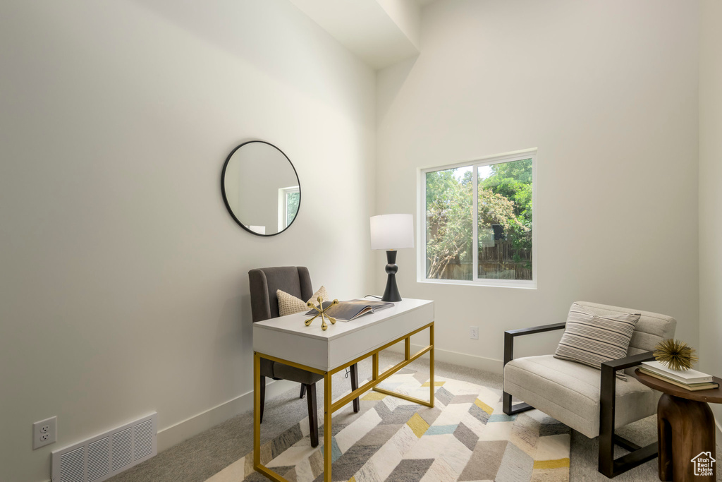 Home office with light colored carpet