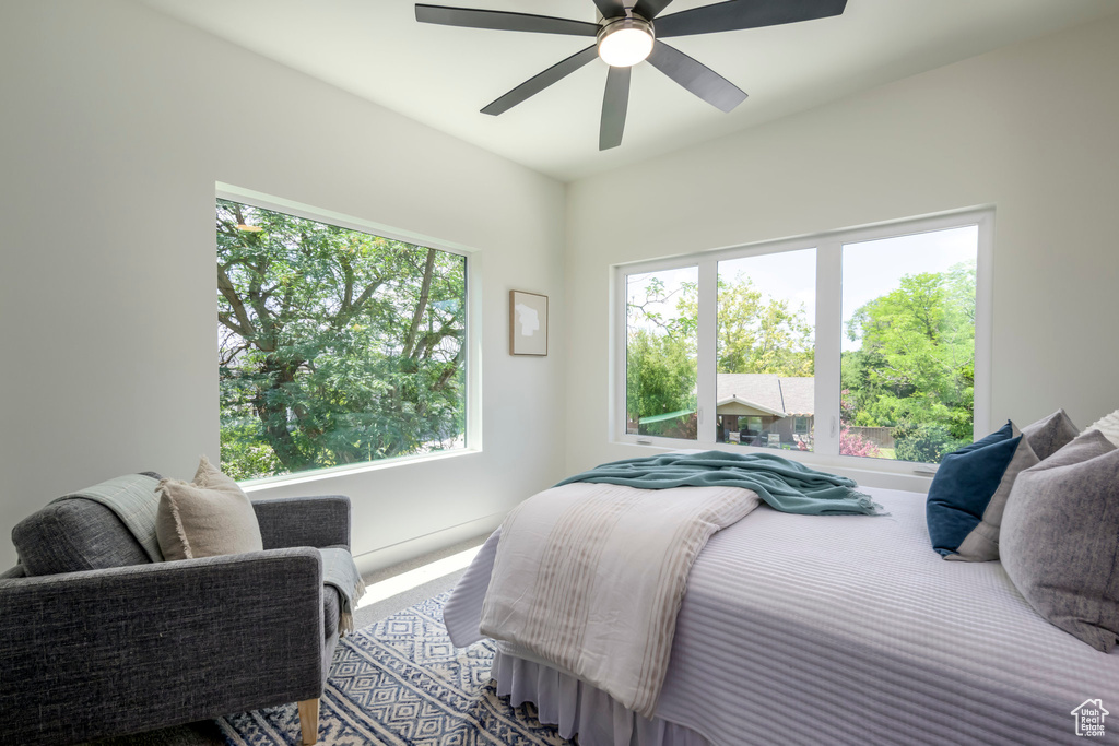 Carpeted bedroom with ceiling fan