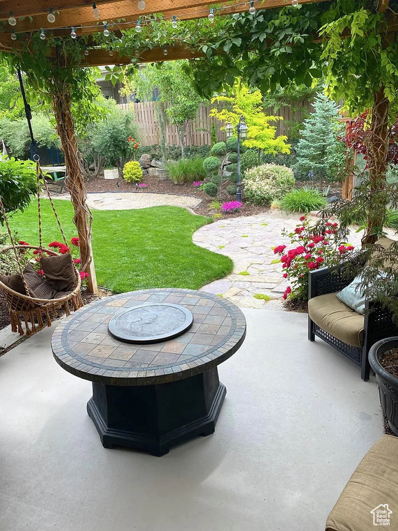 View of patio with a fire pit