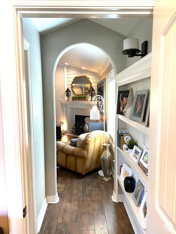 Living area featuring dark wood finished floors, arched walkways, lofted ceiling, a fireplace, and built in features