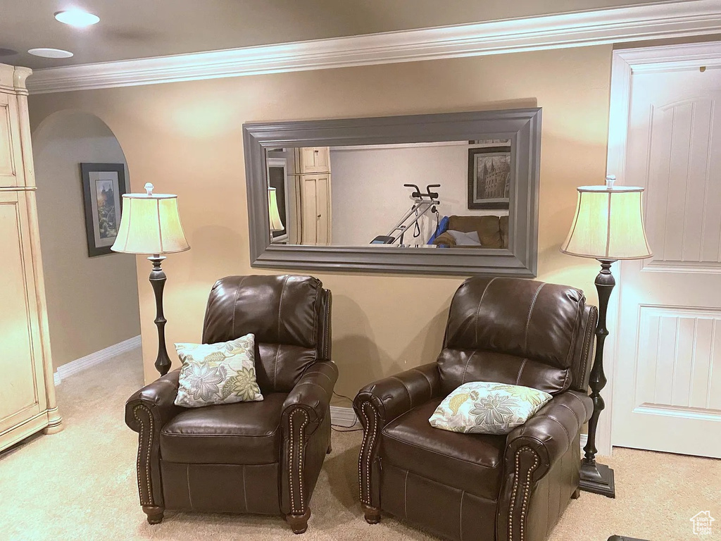 Living area featuring carpet, crown molding, and arched walkways