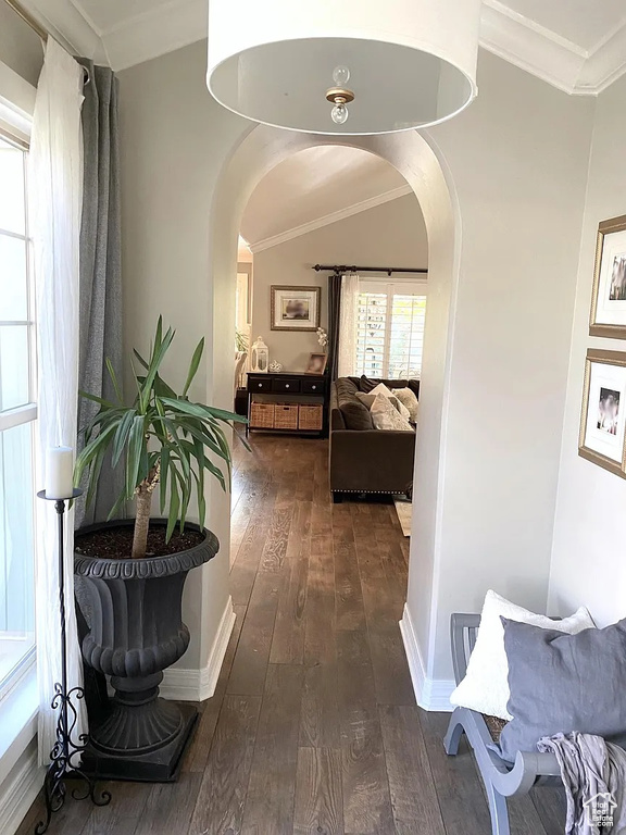 Hallway featuring arched walkways, dark wood-style floors, and ornamental molding