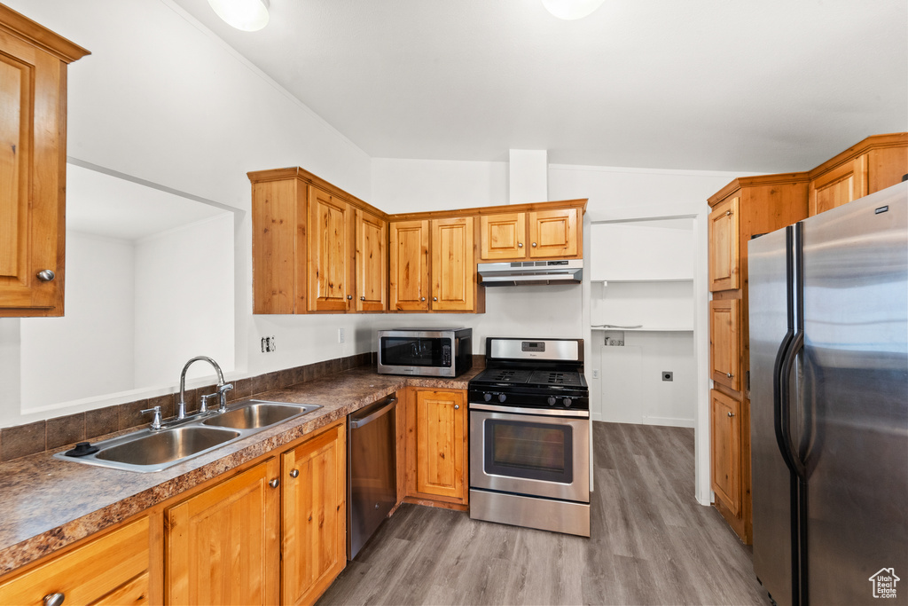 Kitchen with stainless steel appliances, light wood-style flooring, under cabinet range hood, dark countertops, and brown cabinets