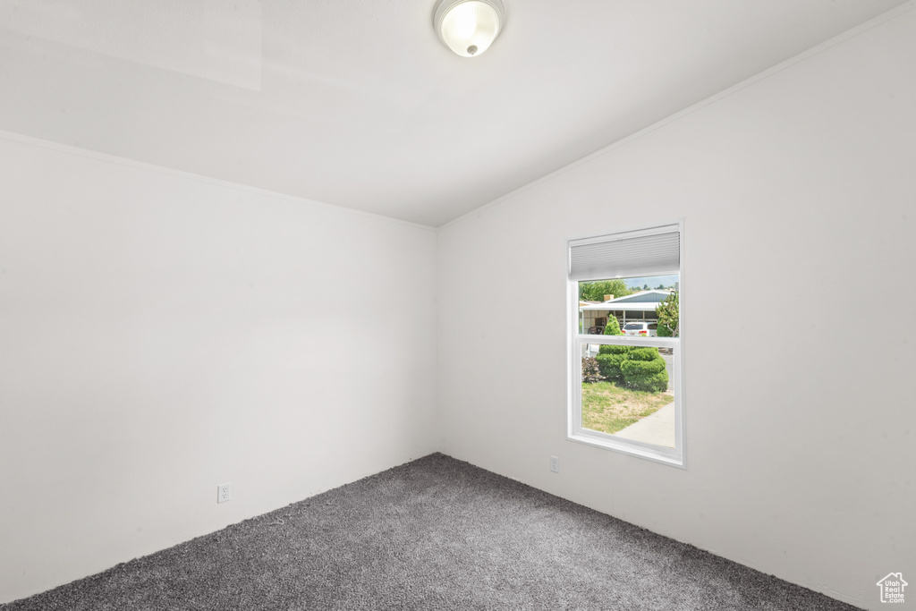 Empty room with carpet floors and lofted ceiling
