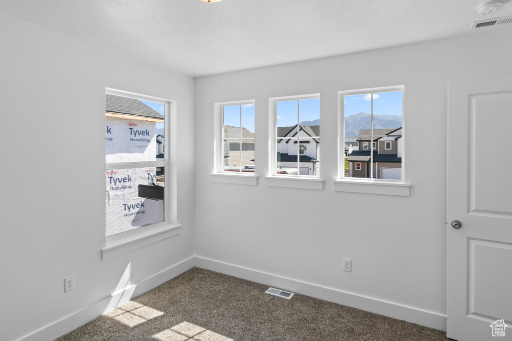 Unfurnished room with carpet floors and a smoke detector