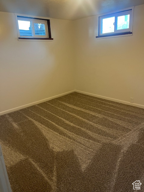 Empty room with dark colored carpet
