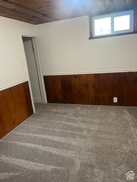 Staircase with a wainscoted wall, wooden ceiling, carpet flooring, and wooden walls