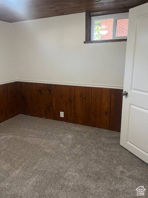 Carpeted empty room featuring a wainscoted wall and wood walls