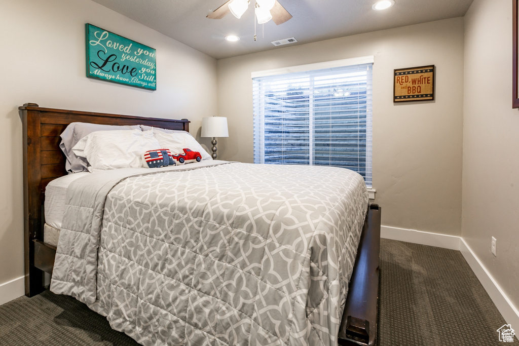 Bedroom featuring carpet floors, recessed lighting, and a ceiling fan