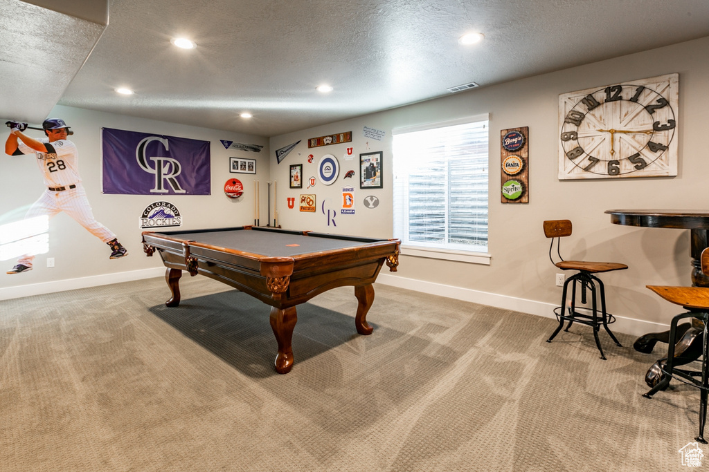 Recreation room featuring carpet floors, recessed lighting, pool table, and a textured ceiling