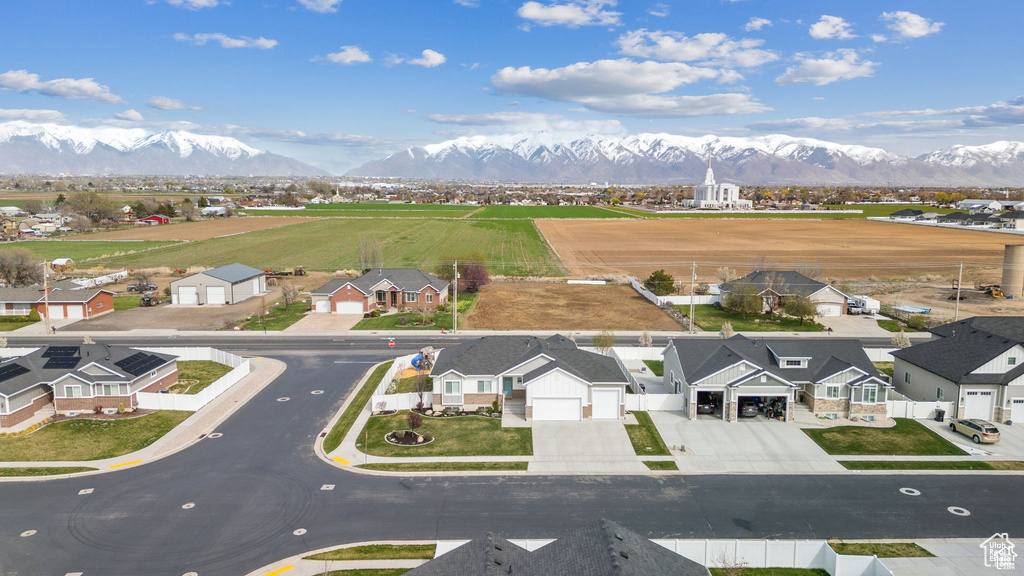 Aerial perspective of suburban area featuring mountains