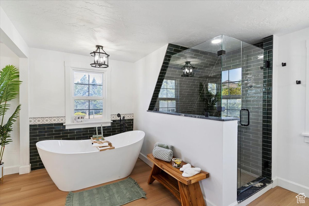 Full bathroom with wood finished floors, a freestanding bath, a stall shower, a chandelier, and wainscoting