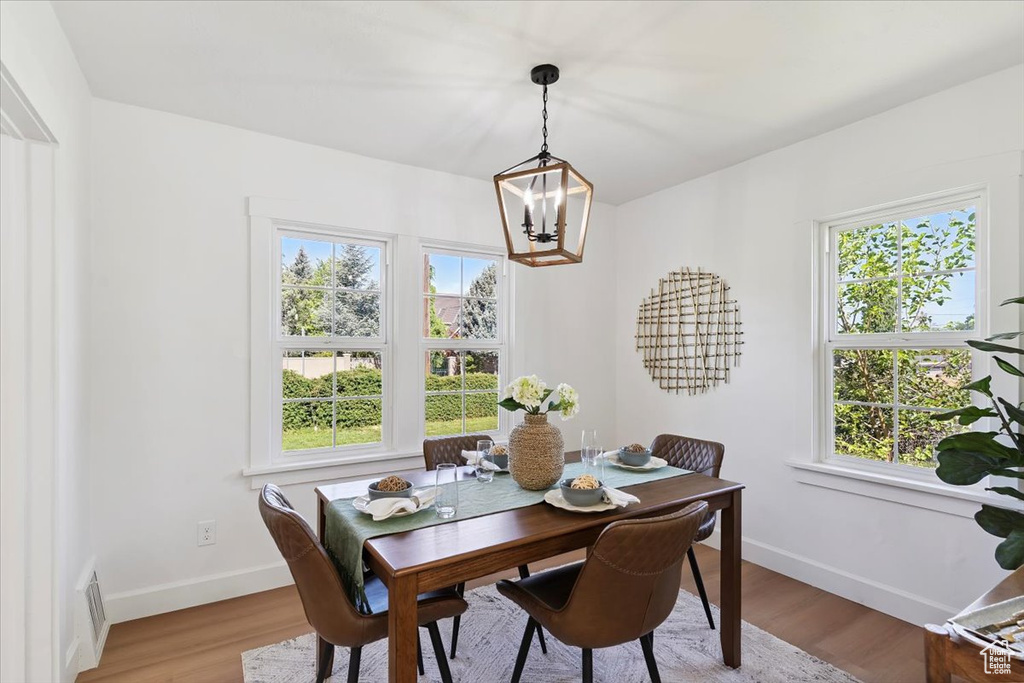 Dining room featuring a chandelier, plenty of natural light, and light wood-style flooring