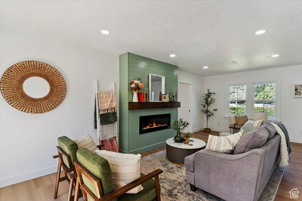 Living area featuring a large fireplace, wood finished floors, and recessed lighting
