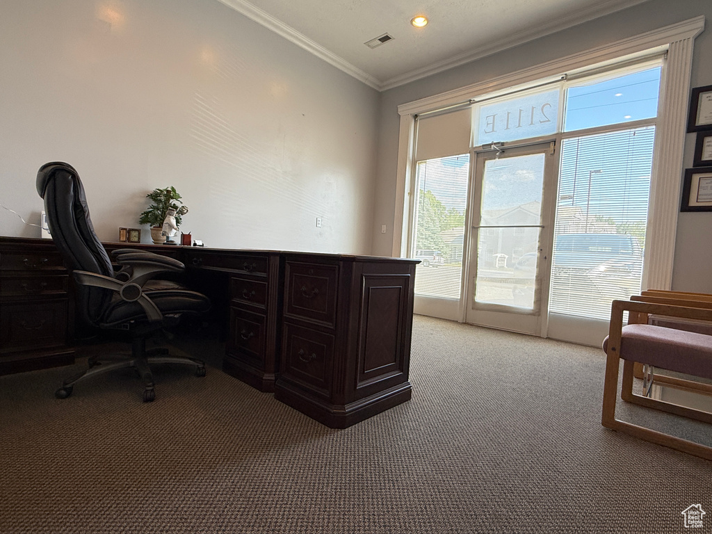 Office space featuring carpet flooring, crown molding, and recessed lighting