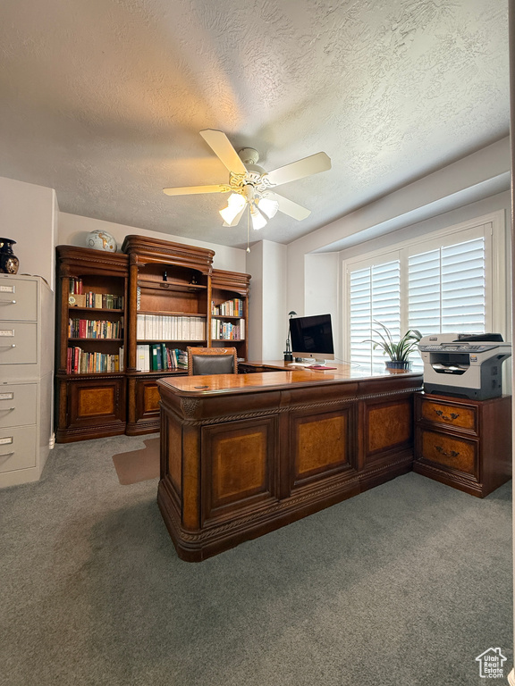 Home office featuring carpet, ceiling fan, and a textured ceiling