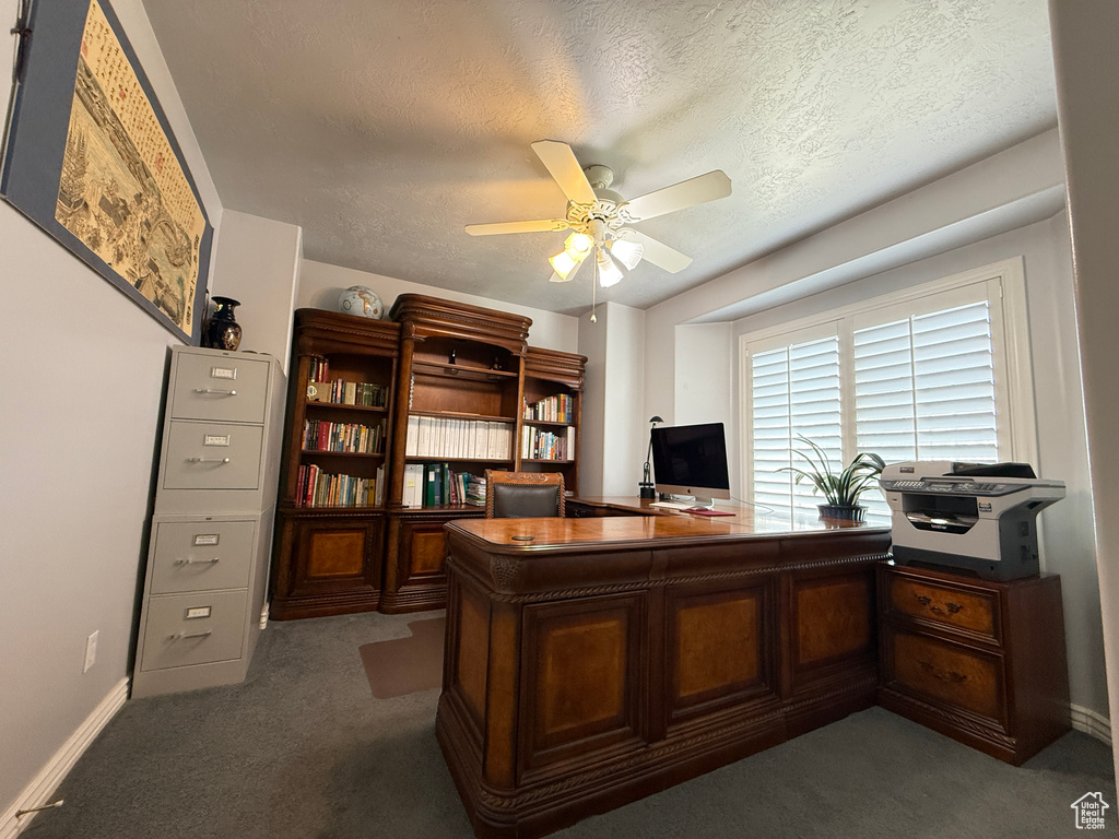 Carpeted office space with ceiling fan and a textured ceiling