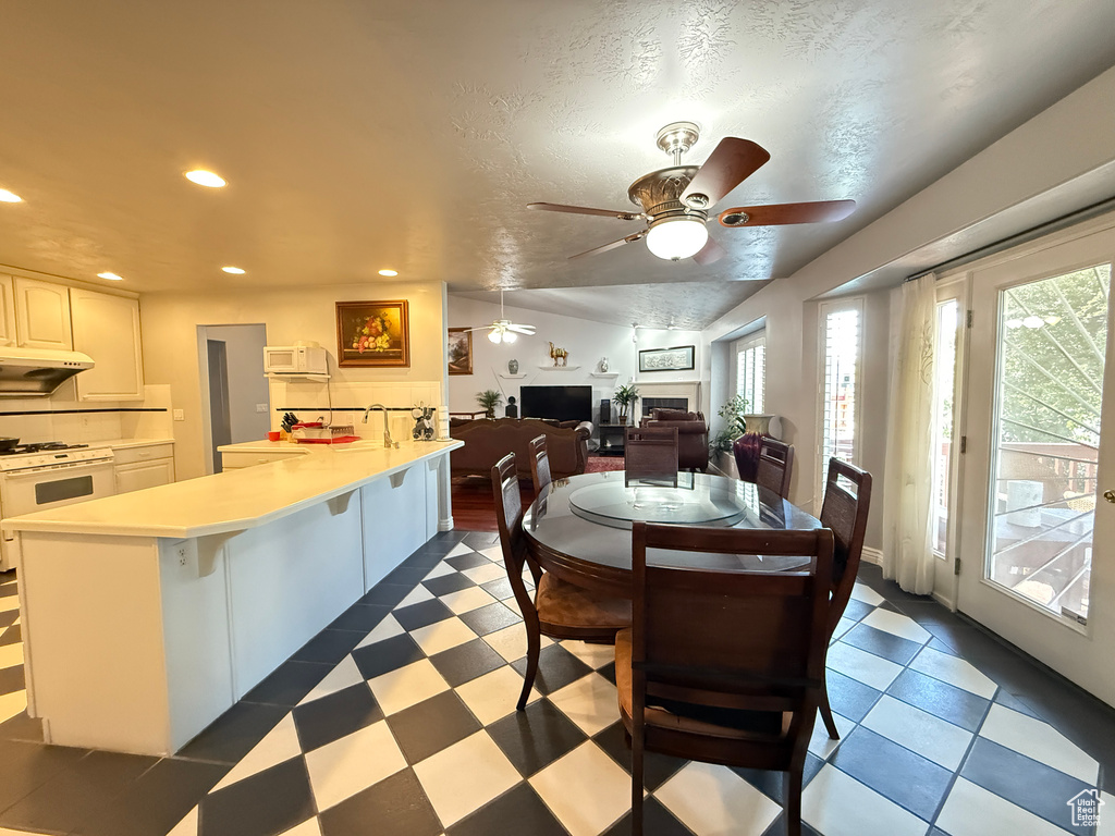Dining area featuring plenty of natural light, a ceiling fan, recessed lighting, and a fireplace