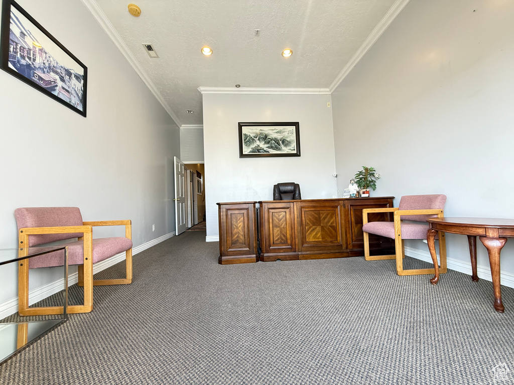 Carpeted office featuring crown molding and recessed lighting