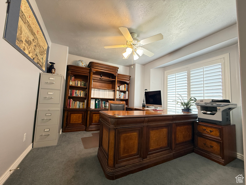 Carpeted office featuring a ceiling fan and a textured ceiling