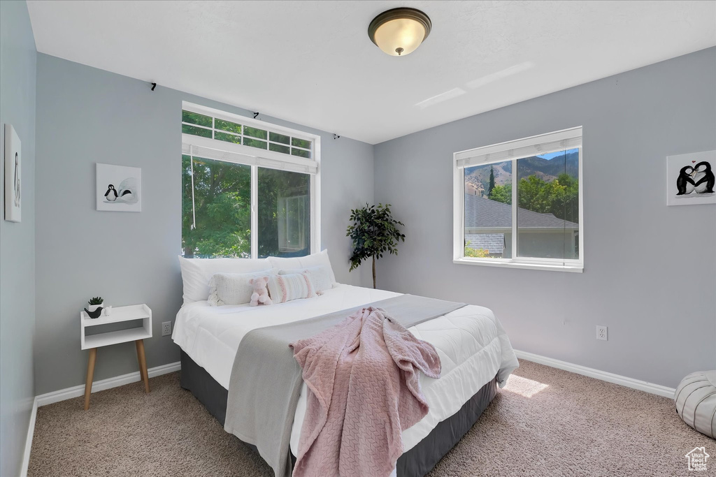 Bedroom with carpet floors and multiple windows