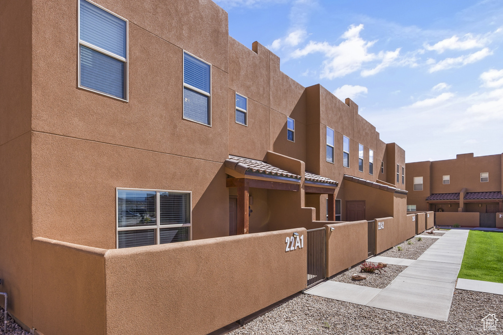View of building exterior featuring a residential view